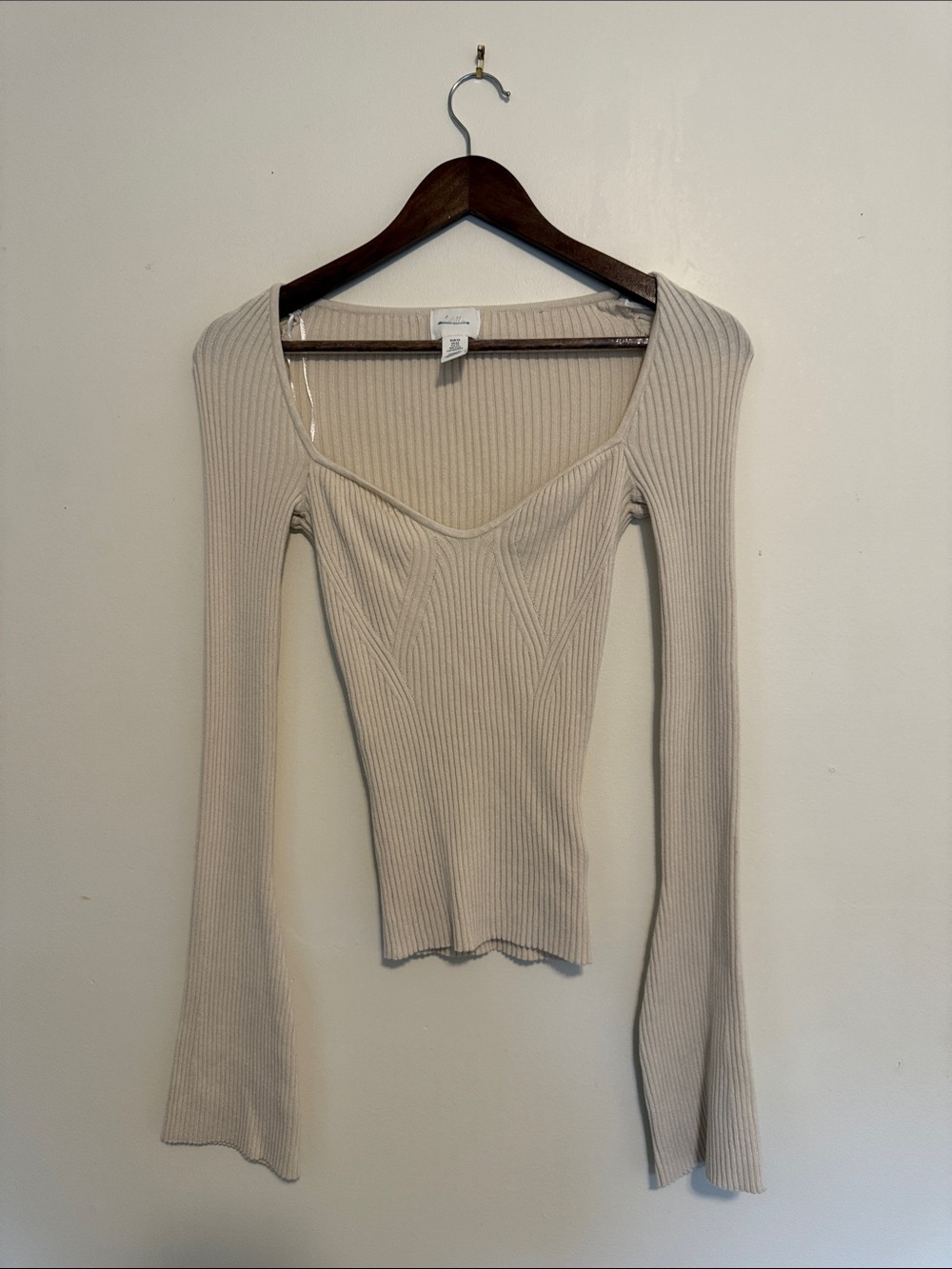 H&M Ribbed Sweetheart Neck Long Bell Sleeve Y2K Top in Light Beige